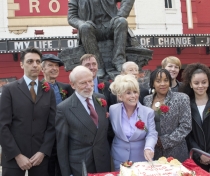 Artistic Director Kerry Michael; sculptor Philip Jackson, Barbara Windsor, Murray Melvin and others with the statue